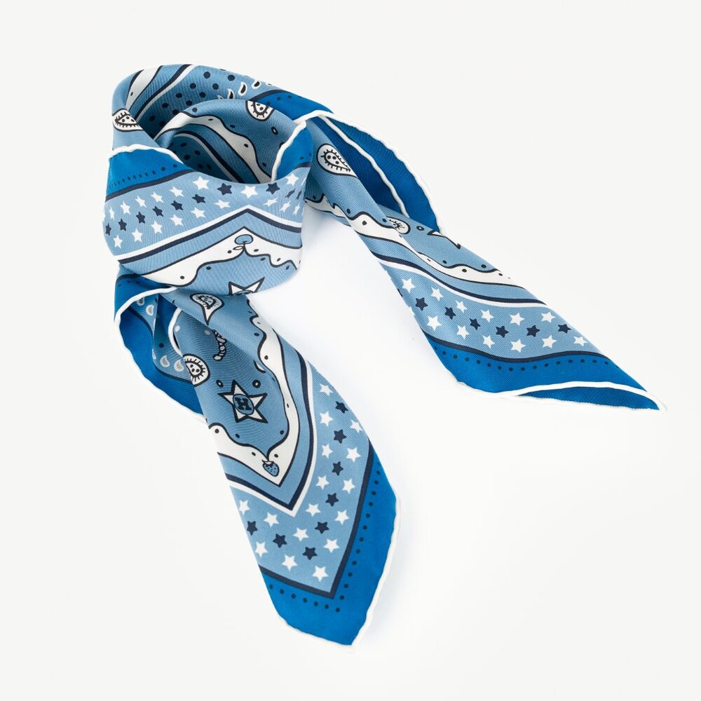 Hermes Bleu Jean, Marine, & Blanc Le Rodeo Des Fruits Silk Bandana 55 - Picture 3 of 10